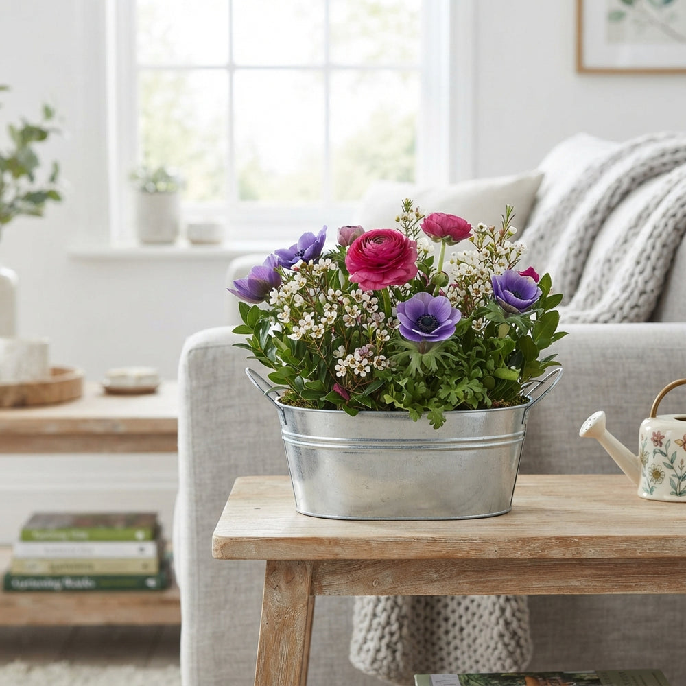 Mixed Flower Arrangement in Oval Zinc Planter