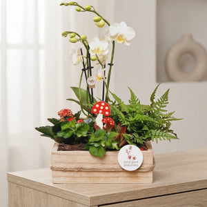 Large Autumn Red Arrangement – 30cm Square Wooden Pot