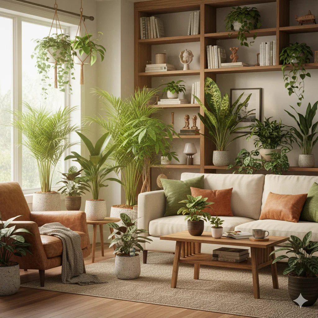 A light-filled room styled with Luxe Leaf houseplants